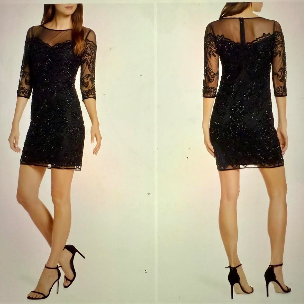 Pisarro Nights Black Beaded Illusion Mesh Cocktail Sheath Dress Size 2